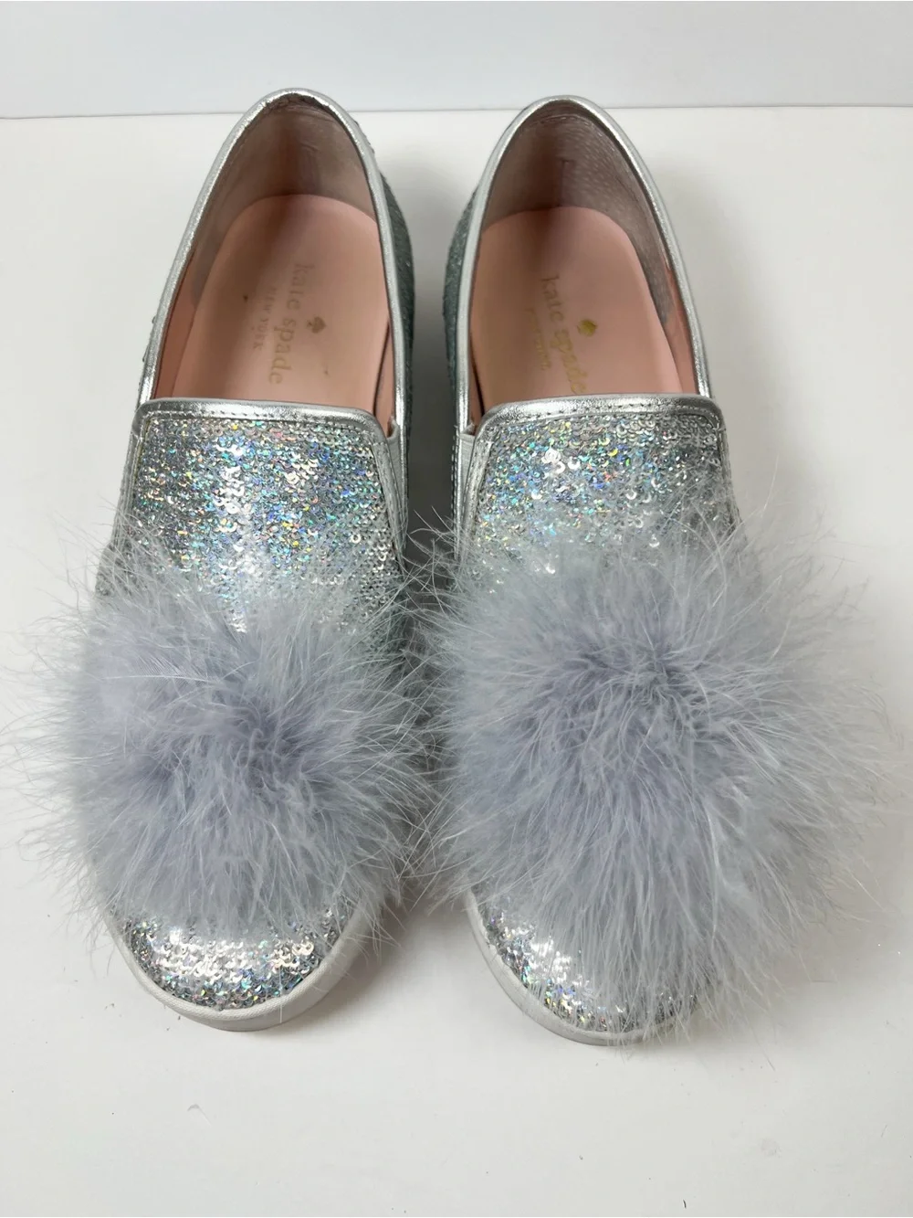 Kate Spade Latisa Silver Sequin Pom Pom Slip On Sneakers size 7.5 Small Flaw